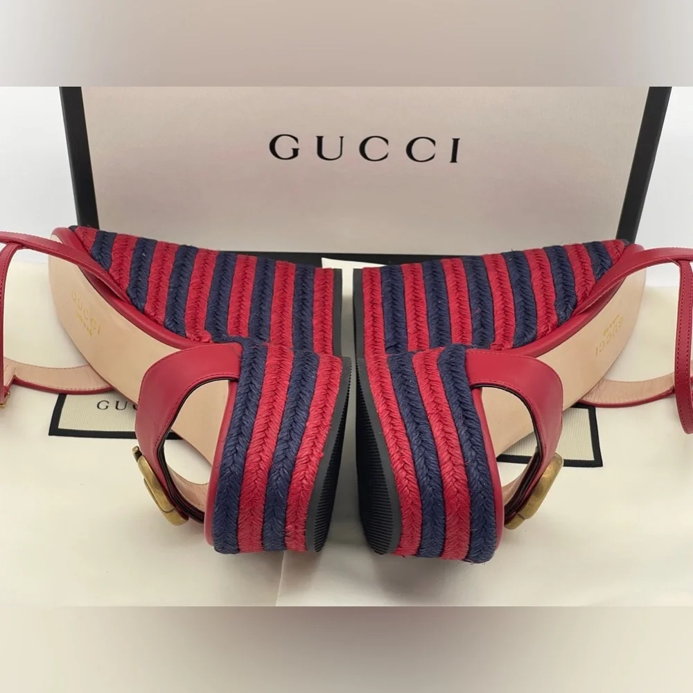 Authentic GUCCI Marmont Double G Leather Espadrille Platform Sandals